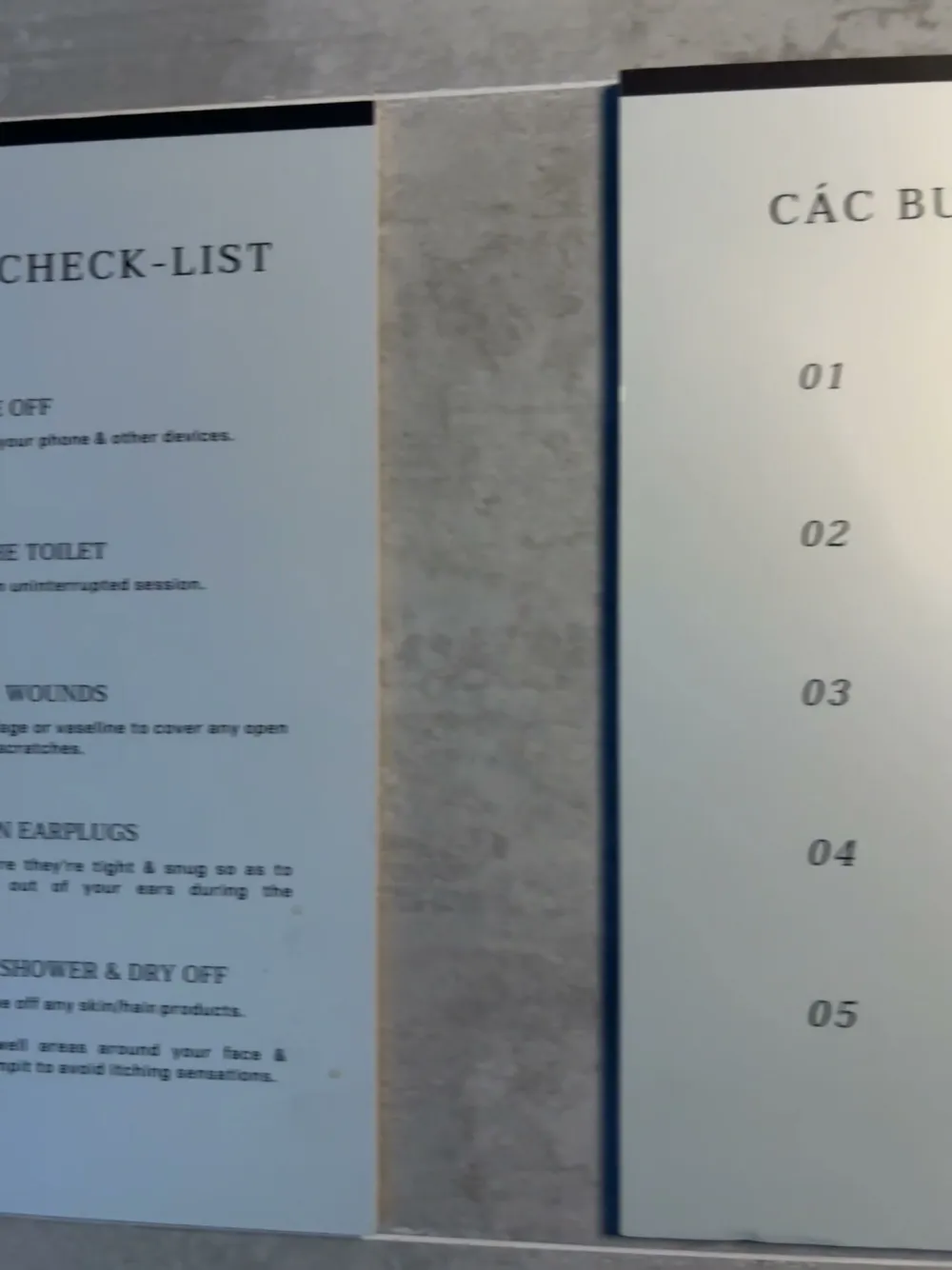 Bảng các bước chuẩn bị trong phòng float – The step-by-step checklist inside the float room