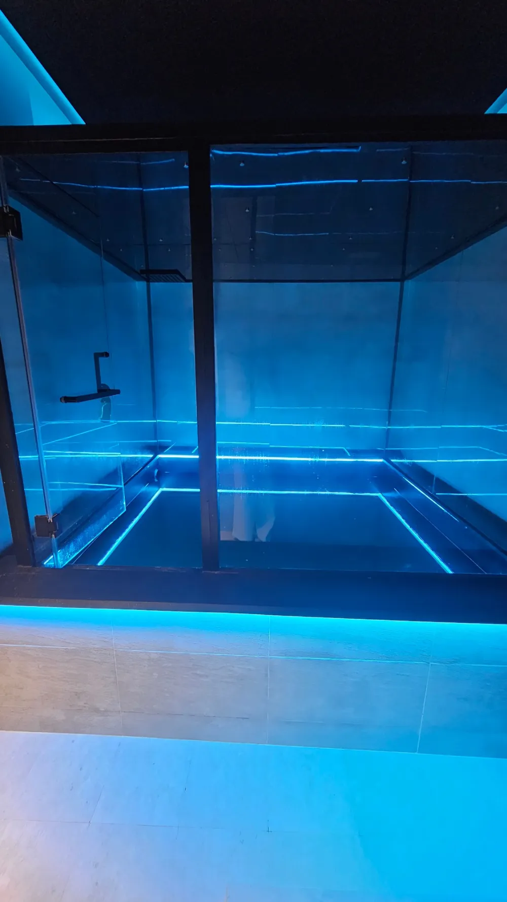 Bể float mở phía sau cửa kính tại Ōmni Space, nhìn chính diện – The open float pool behind glass at Ōmni Space, front view