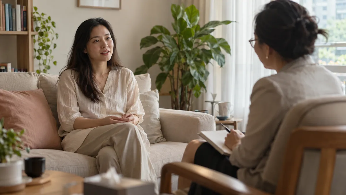 Một phụ nữ trò chuyện với chuyên gia tâm lý trong phòng tư vấn – a woman talking with a psychologist in a counselling room