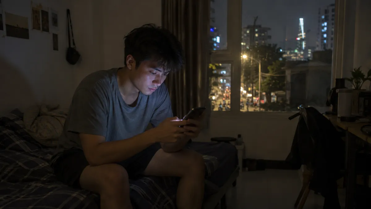 Chàng trai lướt video ngắn lúc nửa đêm trong căn phòng ở Sài Gòn – a young man scrolling short videos late at night in a Saigon apartment