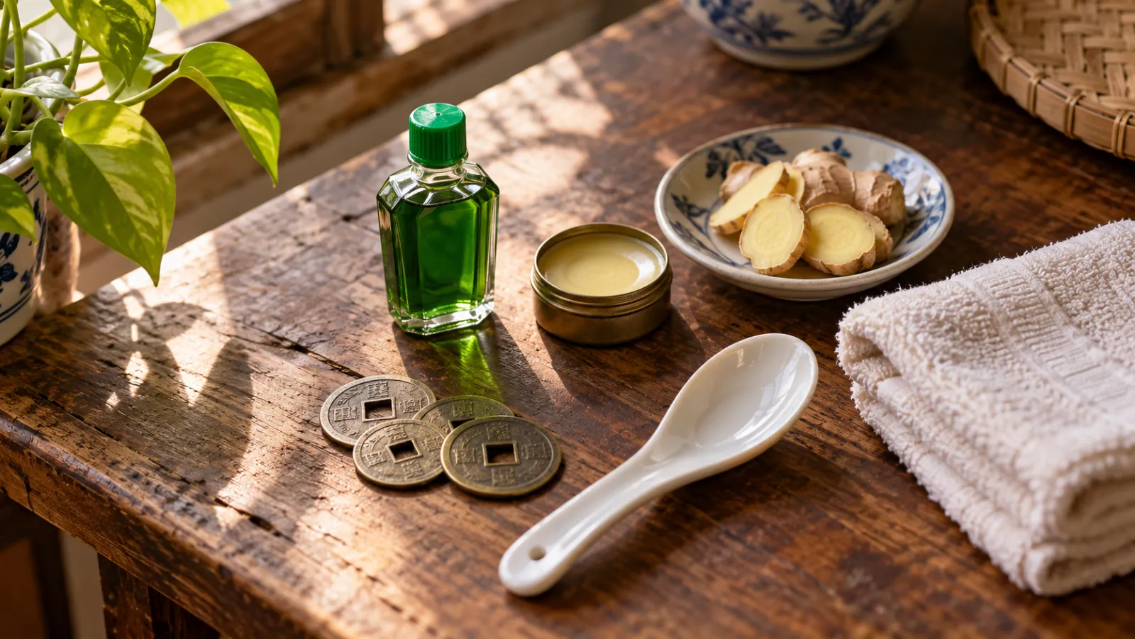 Đồng xu, thìa sứ, dầu gió và gừng để cạo gió – Coins, spoon, medicated oil and ginger for cao gio