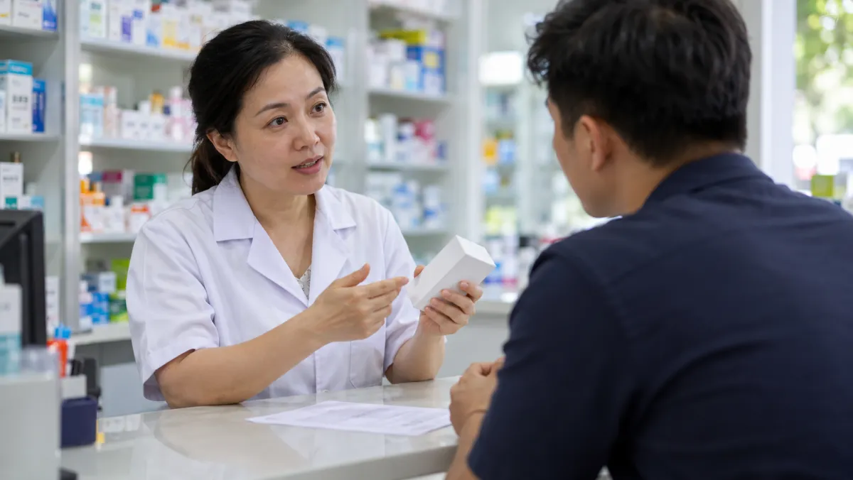 Dược sĩ giải thích đơn thuốc cho khách tại quầy thuốc – a pharmacist explaining a prescription at a pharmacy counter