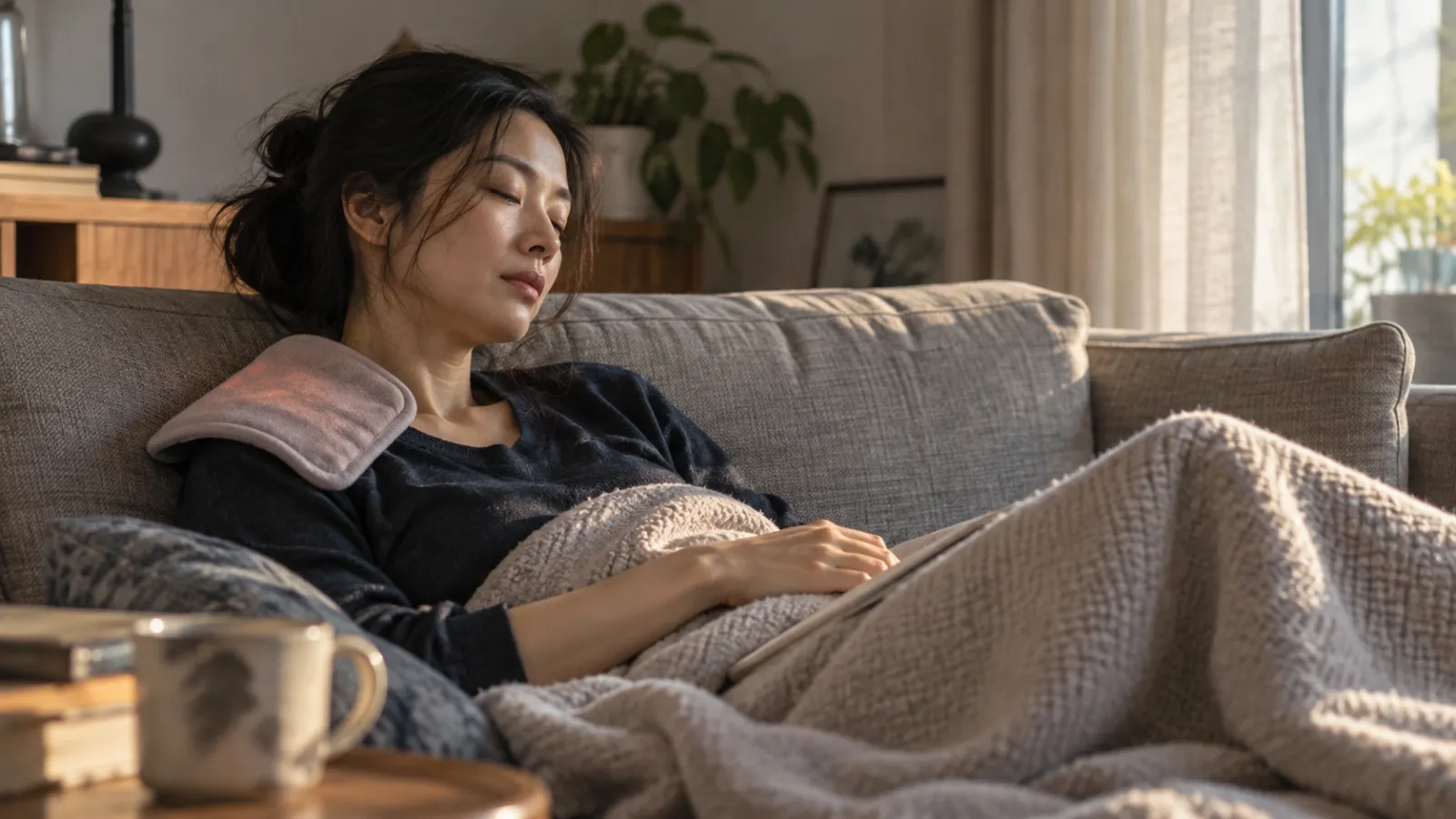Nghỉ ngơi trên sofa với túi chườm ấm – fibromyalgia and floating