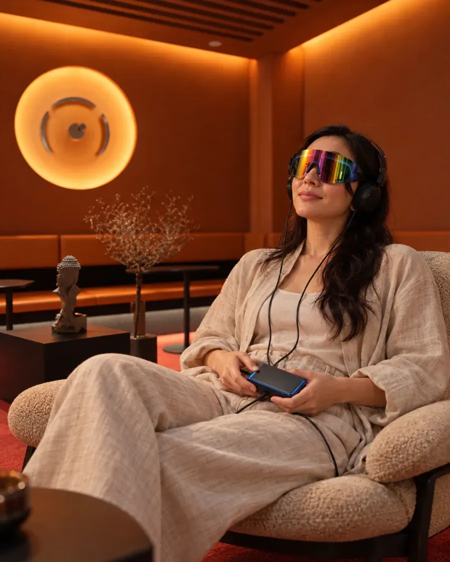 Khách thư giãn với kính ánh sáng và tai nghe trong lounge – a guest relaxing with light-and-sound glasses and headphones in the lounge