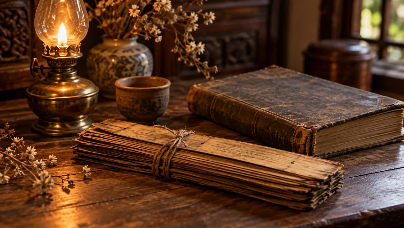 Bó lá buông, sách cũ và đèn dầu gợi những niềm tin xưa – Palm-leaf manuscripts, an old book and an oil lamp