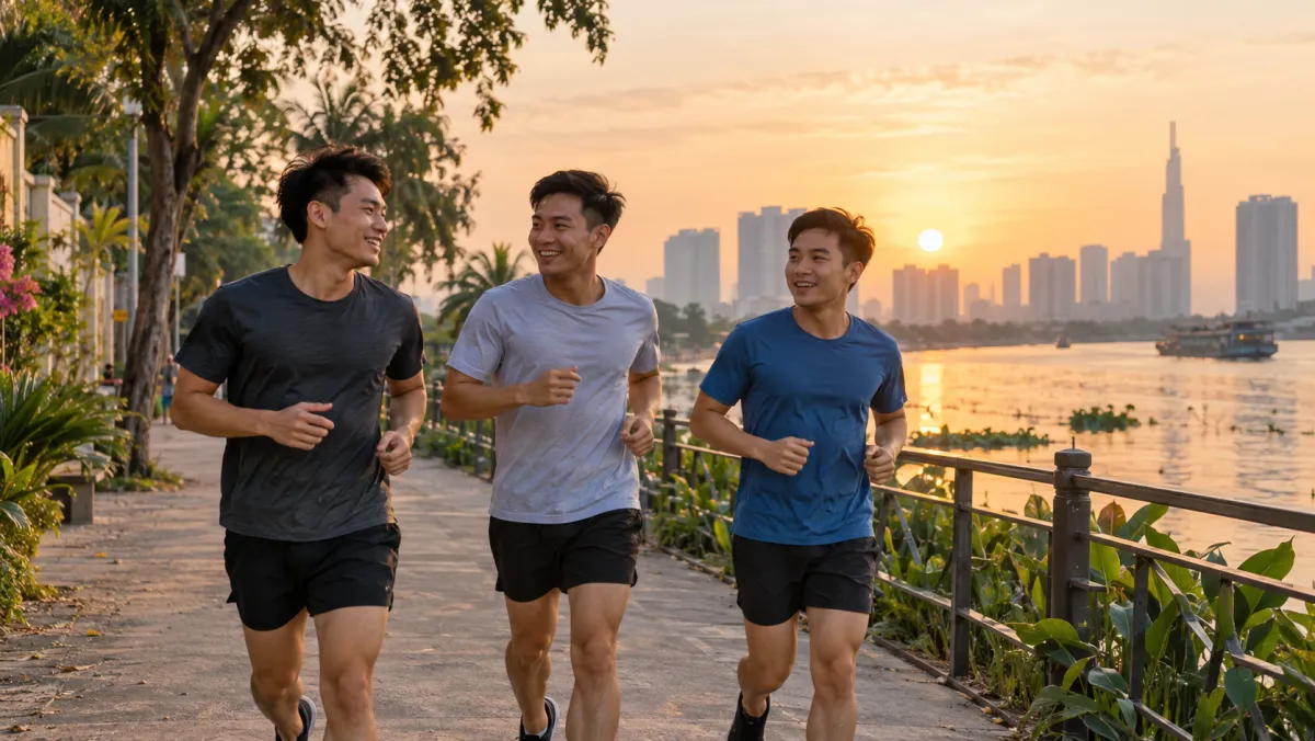 Nhóm bạn chạy bộ buổi sáng ven sông Sài Gòn – friends jogging together at sunrise by the Saigon river