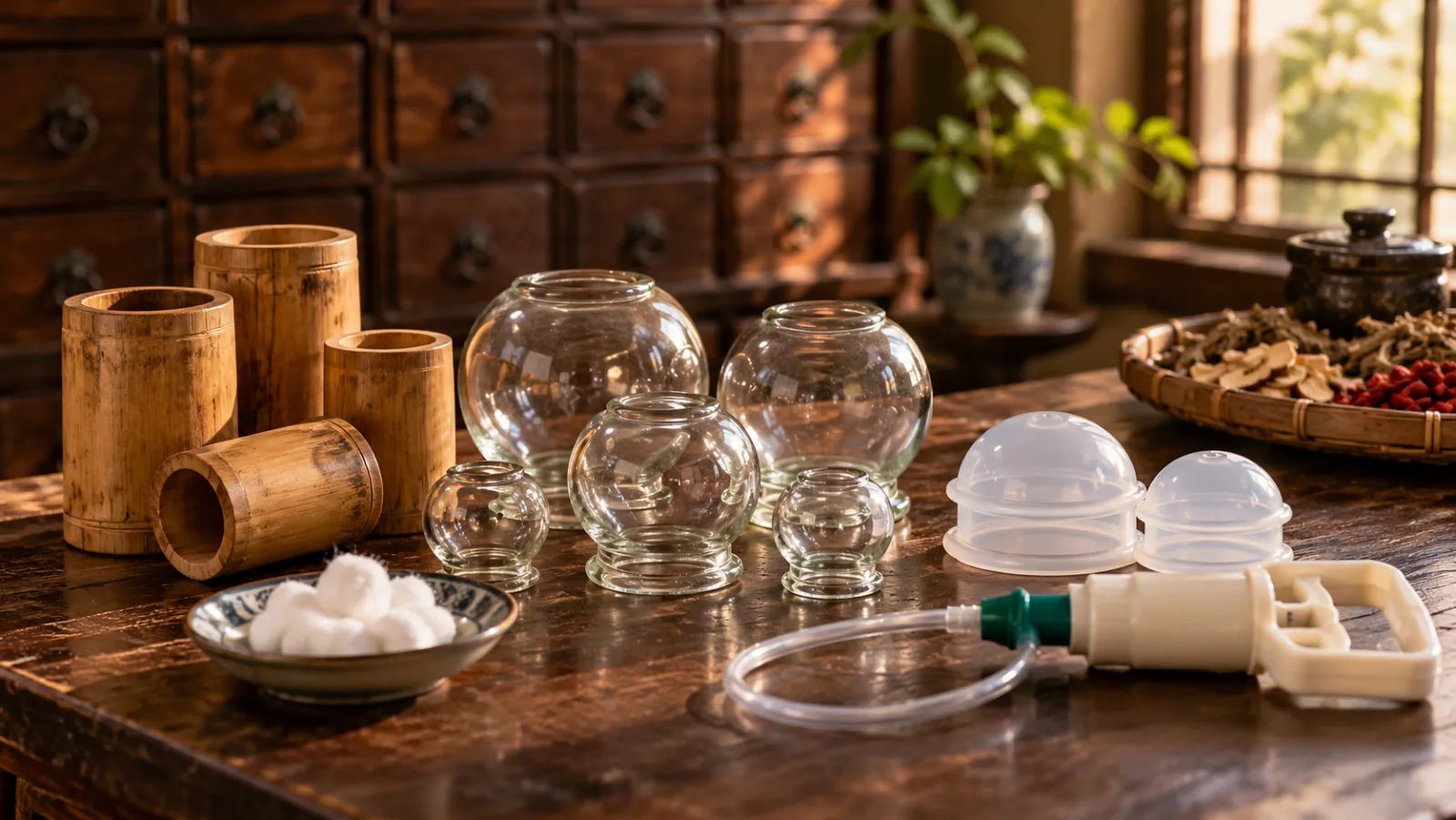 Ống giác tre, cốc giác thuỷ tinh và cốc silicon – Bamboo, glass and silicone cupping cups