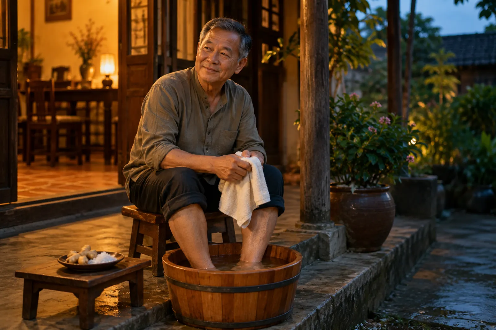 Người đàn ông ngâm chân nước ấm ở hiên nhà buổi tối – An older man soaking his feet on the porch in the evening
