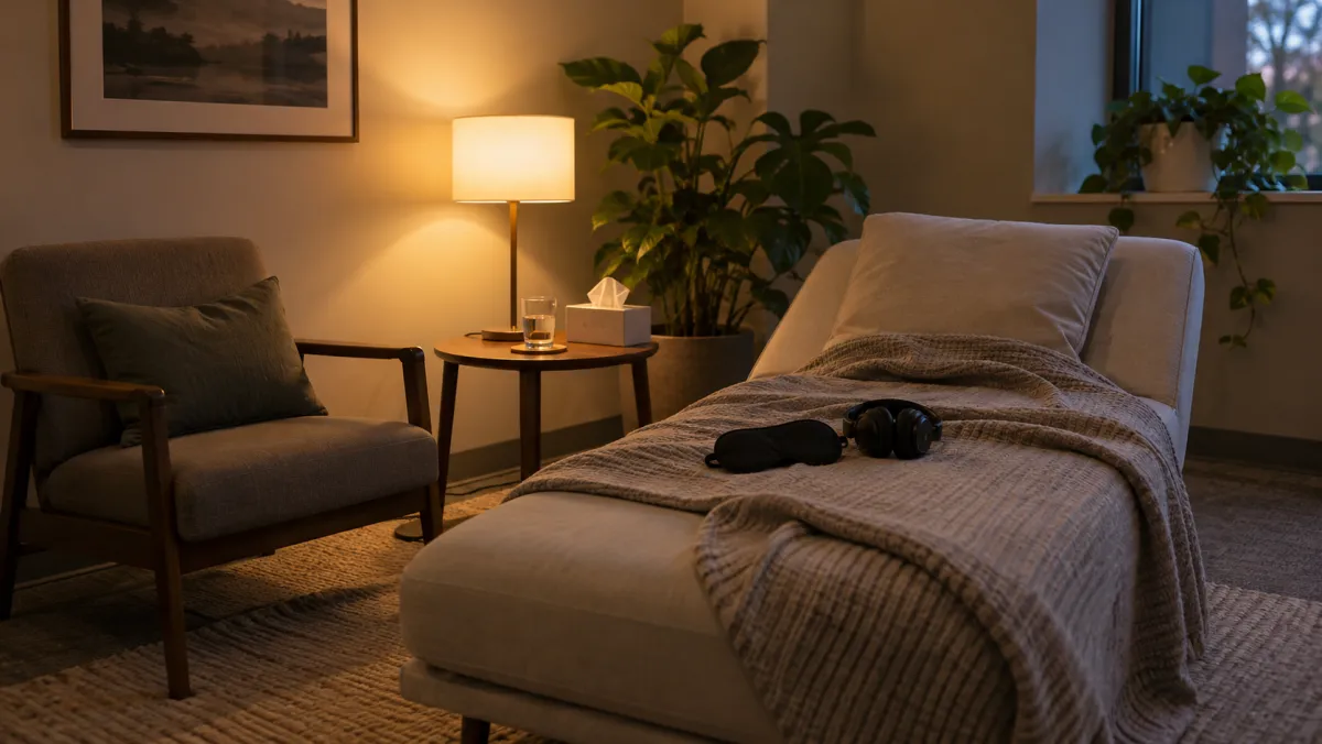Phòng nghiên cứu trị liệu yên tĩnh với bịt mắt và tai nghe – a calm research therapy room with eyeshades and headphones