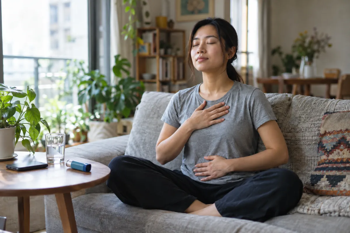 Người phụ nữ tập thở chậm trên sofa, bình xịt hen bên cạnh – A woman practising slow breathing at home with her asthma inhaler nearby