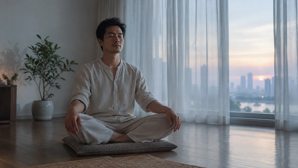 Người đàn ông thiền một mình lúc bình minh trong căn hộ ở Sài Gòn – a man meditating alone at dawn in a Saigon apartment