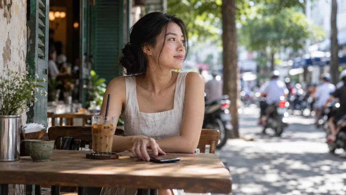 Cô gái úp điện thoại xuống bàn ở quán cà phê vỉa hè Sài Gòn – a woman putting her phone face down at a Saigon sidewalk café